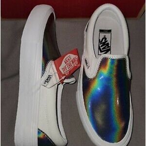 Vans Slip-On Pro Iridescent Silver & White Skate Shoes size 5 brand new in box